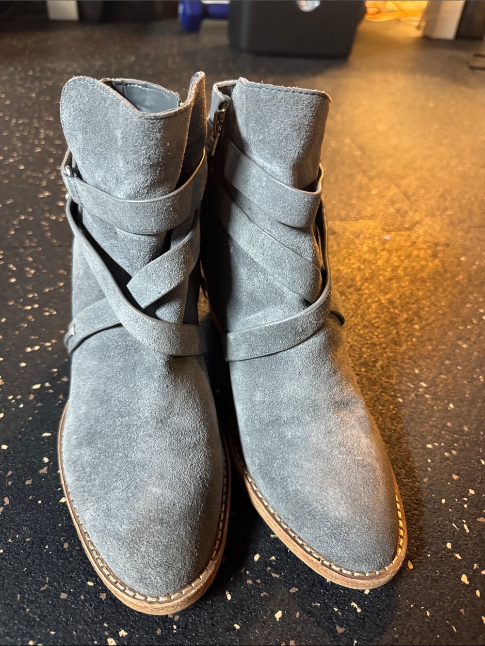 Sam Edelman Gray Suede Wrap-Strap Ankle Booties with Side Zip